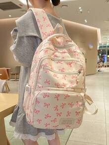 Back To School Bowknot Print Laptop Backpack, Large Capacity Multi-Functional Travel & Shopping Bag Suitable For Various Occasions - Pink - View 2