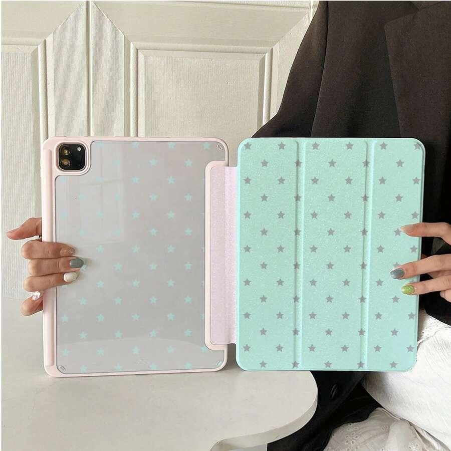1pc Cute Mint Green & Grey Star Print Tablet Protective Case, Foldable Stand, Multi-Angle Viewing, Suitable For Work & Entertainment, With Pen Slot, Compatible With IPad Pro 2024/Air M3/A16 2025, Compatible With Xiaomi, MatePad - Multicolor - View 1
