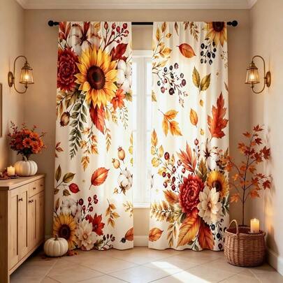 2pcs Watercolor Autumn Bouquet Curtains, Sunflower, Cotton, Berry & Colorful Autumn Leaves Watercolor Pattern, 2D Flat Print, Light Filtering, Rod Pocket, Suitable For Bedroom, Dining Room, Living Room Decor, Thanksgiving Curtains