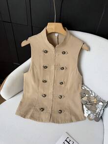 GMFP Damen Doppelreiher Knöpfe Ärmellos Mandarin Kragen Slim Fit Khaki Weste Elegant Vintage Ausgehen Arbeit Herbst Winter 2026 Damen - Khaki - Übersicht 5