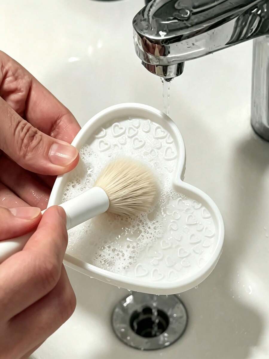 Heart-Shaped Makeup Brush Cleaning Tray, Portable Cleaning Mat, Textured Bottom Design, Cute Heart Shape, Suitable For Makeup Brushes, Easy To Store, Perfect For Travel And Studio Use - Multicolor - View 1