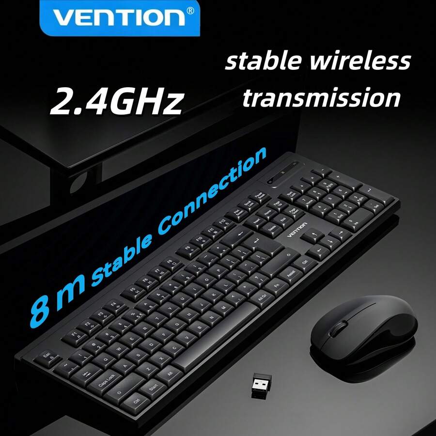 VENTION Kombo Keyboard dan Mouse Nirkabel Senyap, Keyboard Membran 2.4G Ukuran Penuh 104 Tombol dengan Numpad, Mouse Ergonomis Tipis Plug-Play untuk Laptop Desktop PC, Hitam - View 1