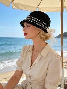 1 PC Women's Crochet Bow Ribbon Bucket Sunshade Hat - Lightweight Packable Faux Straw Sun Hat For Outdoor Beach Travel Hiking - Black - View 3