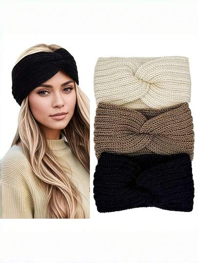 3/6pcs Women's Autumn/Winter Warm Knitted Headbands, Featuring Minimalist Elegant Cross-Twist Design, Classic Black/White/Brown Multi-Color Combination. Wide Ear-Covering Style, Providing Full-Around Warmth Protection In Cold Winter. Thick Yarn Texture Is Fluffy And Delicate, Comfortable And Breathable To Wear Without Tightening The Head, Effectively Organizing Stray Hair While Enhancing Facial Shape. Whether For Daily Commute, Outdoor Skiing, Or Yoga Fitness, Easily Adapt To Various Hairstyles, Showcasing Korean-Style Gentle And Sophisticated Charm.