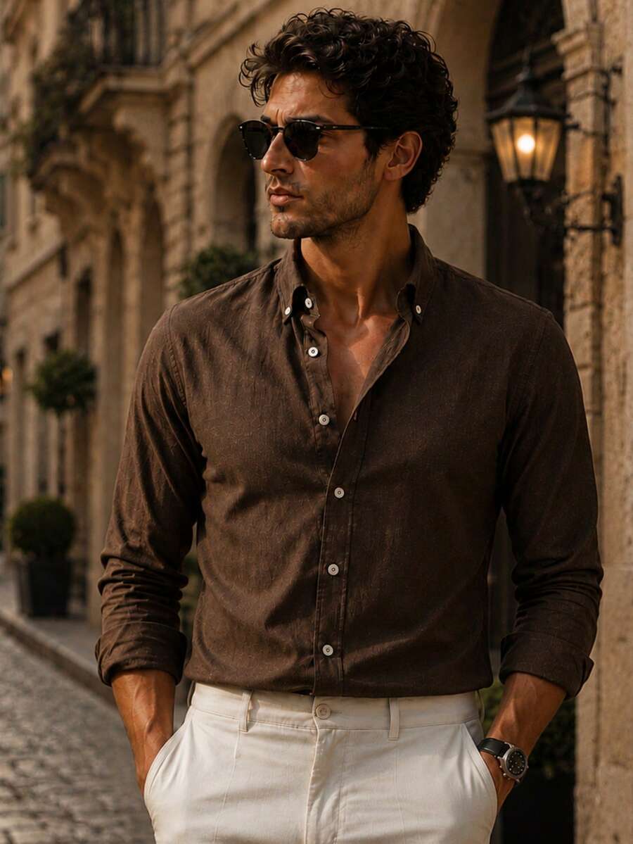 Men's Slim-Fit Casual Long-Sleeve Button-Up Shirt - Soft Textured Cotton-Linen Blend Breathable Shirt For Modern Smart-Casual & Everyday Wear