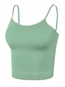 Top tank blusa de mujer canalé de tirantes estampado liso crop básico varios colores - Verde - Ver 4