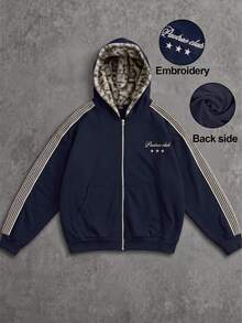 American Vintage Y2K Leopard Print Zip-Up Cardigan, Side Stripe With Five-Star Small Embroidery, Oversized Hip-Hop Commuter Jacket - Navy Blue - View 1