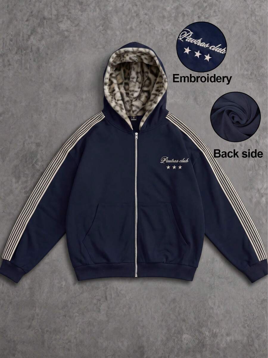 American Vintage Y2K Leopard Print Zip-Up Cardigan, Side Stripe With Five-Star Small Embroidery, Oversized Hip-Hop Commuter Jacket - Navy Blue - View 1
