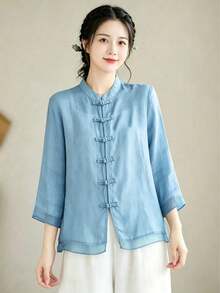 女款新中式立領盤扣麻布襯衫，3/4袖歐根紗飾邊，寬鬆版型純色休閒東方風日常上衣，夏季款 - 藍色 - 查看 5