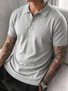 Men's Solid Color Knit Polo Short Sleeve Heather Grey Turn Collar Minimalist Basic Business Casual Knit Sweater - Grey - View 9