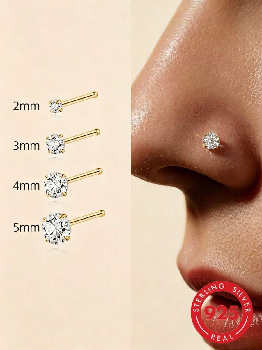 1件 2mm-5mm 925純銀直棒 L型鼻環耳飾，男女通用穿刺針身體飾品，低過敏唇環式耳環，推入式耳環