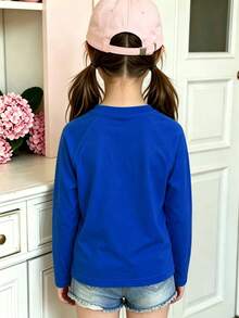 Girls Cotton Raglan Long Sleeve T-Shirt, Autumn Winter Casual Top With LA Print, Cute Sweet Preppy Style - Colorful Orchid - View 5