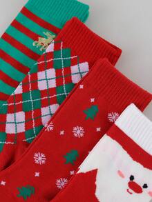 1/4/8 Pairs Random Women's Classic Christmas Element Cartoon Striped Argyle Pattern Comfortable Breathable Mid-Calf Socks - Multicolor - View 4