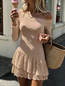 Women's Crisp Style Grey-Brown Autumn Short Dress, Cold Shoulder Neckline, Scalloped Lace Cuffs, Ruffled Lace Layered Hem, Fitted Dress Suitable For Downtown Gatherings - Brown - View 7