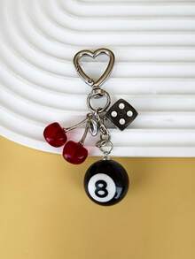 1pc/Set Cherry Lucky Keychain, Red/Black Billiard Design, Alloy Heart-Shaped Buckle, Can Be Hung On Car, Durable, Fashionable And Beautiful, Suitable For Men And Women - Multicolor - View 4