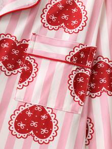 Setelan Piyama Wanita Motif Garis-Garis dan Hati, 2 Potong, Atasan Lengan Panjang dengan Kerah dan Celana Panjang Pinggang Elastis, Pakaian Santai yang Lembut - Merah - View 4