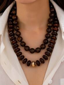 OABE 2pcs/Set Bohemian Style Brown Beaded Layered Necklace Including 1pc Round Bead Necklace And 1pc Oval Bead Necklace Suitable For Daily Wear - Coffee Brown - View 2