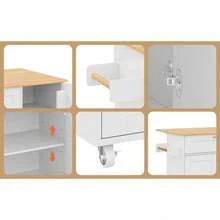 Flieks 132.5*44(70)*90cm Large Mobile Kitchen Island, Foldable Countertop, Oak Grain, Multifunctional Cabinet, Spice Rack, Towel Holder, 5 Casters, Suitable For Kitchen/Dining/Home - White - View 10