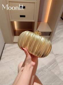 Moonlit Eve Bag: 1pc Glittering Pleated Mini Egg-Shaped Evening Clutch Bag With Elegant Metal Double-Faux Pearl Button Design, Wedding Items - Gold - View 2