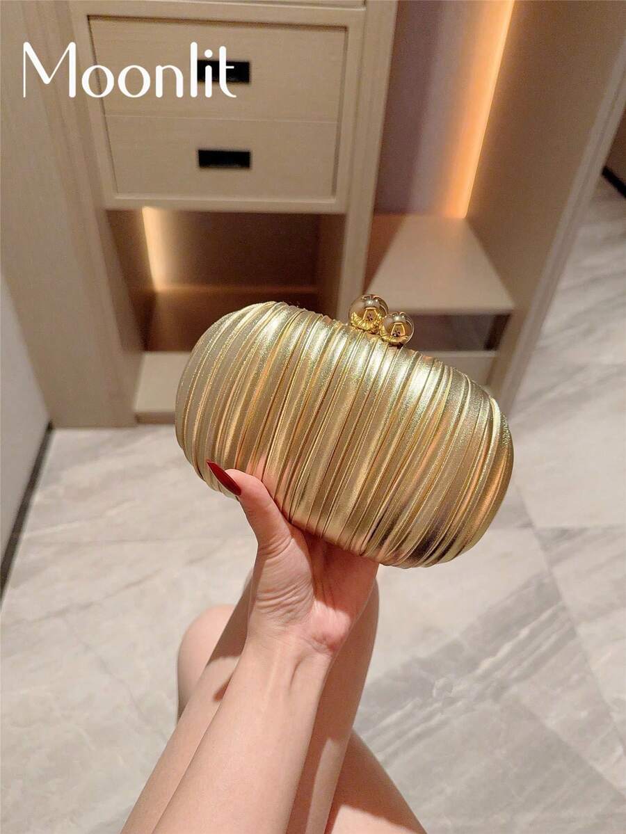 Moonlit Eve Bag: 1pc Glittering Pleated Mini Egg-Shaped Evening Clutch Bag With Elegant Metal Double-Faux Pearl Button Design, Wedding Items