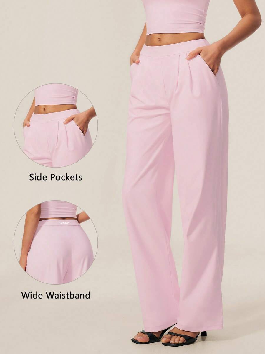 TimeOff Women's 1pc Solid Color Autumn/Winter Pleated Front Side Pocket Straight Leg Wide Leg Pants - Pink - View 1