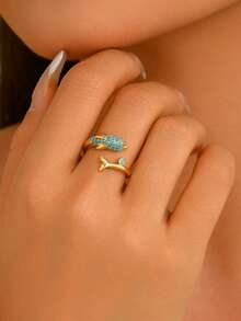 1pc Ocean Style Copper Material Full Rhinestone Dolphin Fish Tail Open Ring, Summer Party Beach Vacation Travel Holiday Gift Jewelry - Gold - View 1