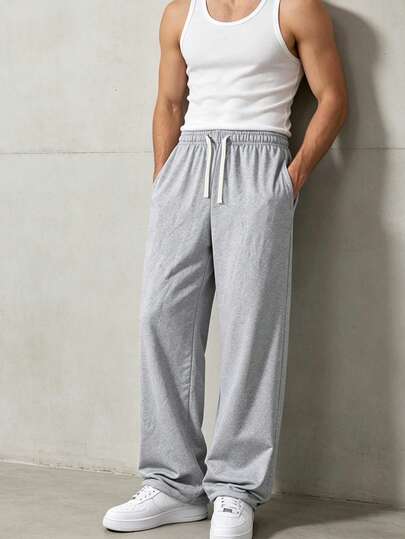 Men's Drawstring Knit Sweatpants, Loose Straight Leg Casual Long Pants Sports