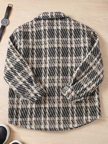 Boys' Fashion Retro Plaid Shacket, Loose Fit, Dropped Shoulder, Long Sleeve, Single-Breasted, Turn-Down Collar, Spring/Autumn - Black - View 4