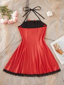 Women's Casual Fashion Nightgown, Bow Decor Lace Patchwork Pajamas, Slim Fit Design Can Be Worn As Daily Dress, Suitable For Dates, Holidays, Christmas, New Year - Red - View 8