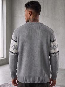 Men's Casual Versatile Plaid Jacquard Crew Neck Long Sleeve Knit Sweater, Korean Style, Suitable For Autumn And Winter - Grey - View 7