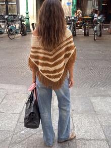 New Bohemian Vintage Loose Fit Sleeveless Horizontal Striped Hem Tassel Design Hollow Texture Breathable Summer Vacation Sweater - Khaki - View 3