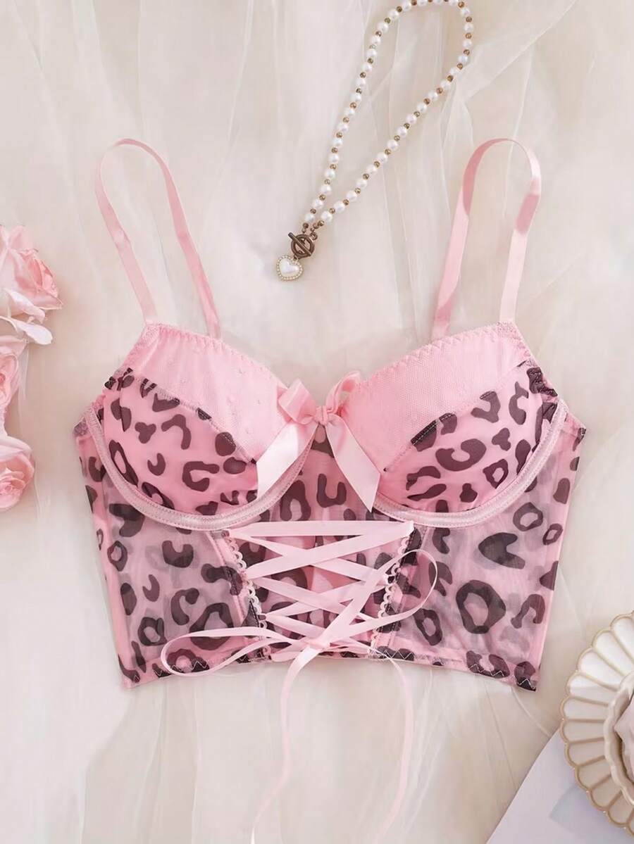 Women's Leopard Print Bow Decor Sexy Everyday Spaghetti Strap Bra - Pink - View 1