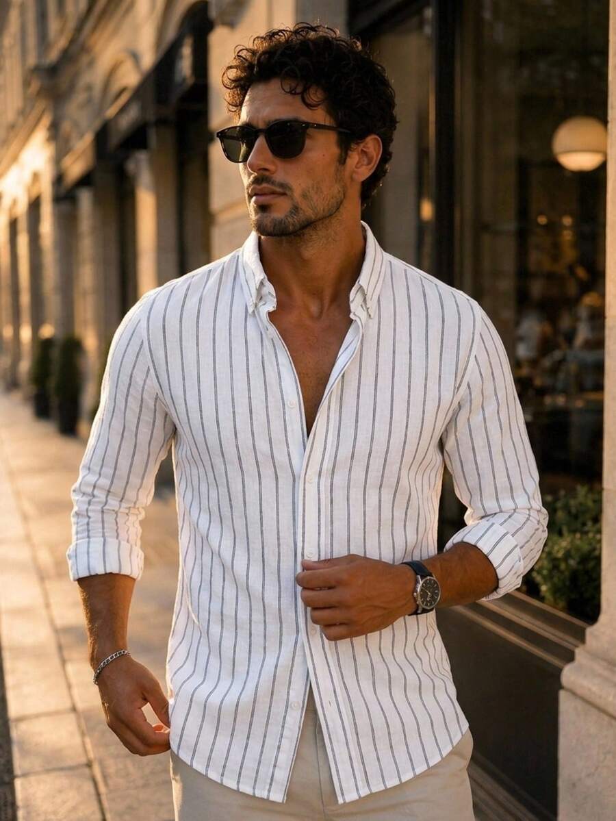 Men's Slim-Fit Striped Casual Long-Sleeve Button-Up Shirt - Soft Textured Cotton-Linen Blend Breathable Shirt For Modern Smart-Casual & Everyday Wear