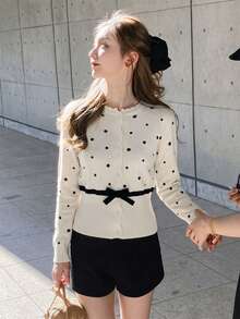 Autumn/Winter Vintage Polka Dot Knit Cardigan, Wavy Ruffle Placket With Black Bow, Sweet And Soft Preppy Style - Apricot - View 1