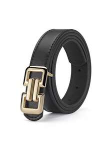 1/2/3pcs Solid Color Geometric Snap Button Belt With Gold Buckle, Minimalist Versatile Waist Belt - Gold Buckle - View 2