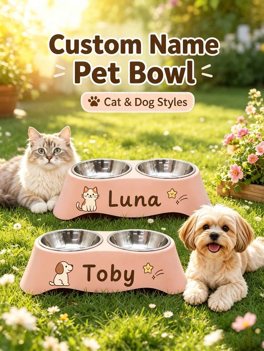 Personalized Pet Bowl, Customized Name Pet Bowl, Dual-Use For Feeding And Drinking, Neck Protection, Suitable For Cats, Dogs And Other Pets Feeding Utensils, Ideal Choice For Food And Water, Perfect Commemorative Gift For All Breeds - Multicolor - View 1