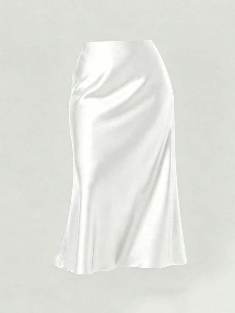 Plus Size Solid Color Satin Elegant Long Skirt For Vacation, Evening Party And Wedding White - White - View 1