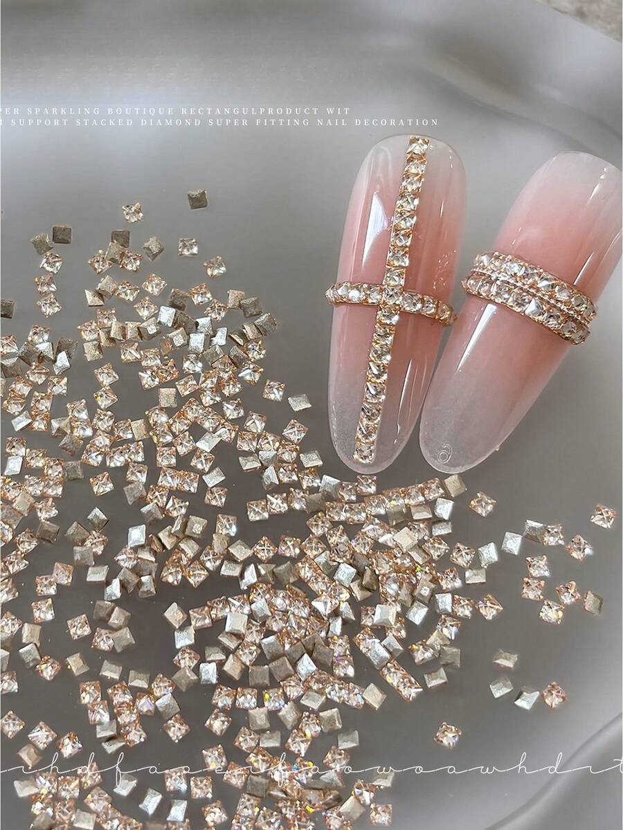 50pcs Mini Square Zirconia Flat Back Rhinestones Nail Art Decor, Sparkling Transparent White Champagne Square Rhinestones DIY Nail Art