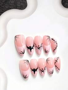 10pcs Halloween Theme Minimalist Handmade Press-On Nails, Polygel Nail Art Set, Pumpkin & Spider Web Pattern, Pink & Black Color, Sweet Style, Includes Nail Tools, 3 Sizes Available, Almond/Duck/Coffin Shape, Suitable For Party, Dancing, Daily Wear - Multicolor - View 15