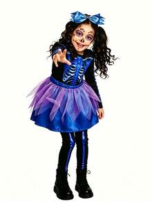 2pcs/Set Cute Skeleton Long Sleeve Jumpsuit & Skirt Set For Young Girl, Halloween Costume, Cosplay Outfit, Role Play - Multicolor - View 6