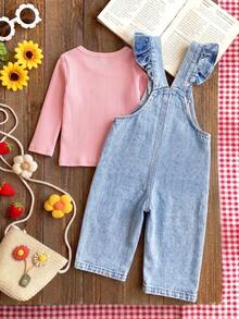 Baby Girl Sweet Floral Embroidered Denim Overalls With 2-Button Adjustable Shoulder Straps, Loose Comfortable Straight Leg Jumpsuit - Light Wash - View 3