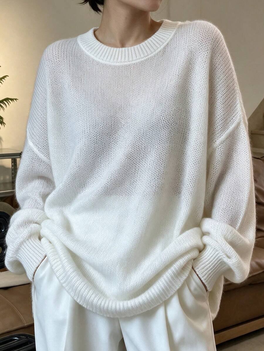 Fall Slouchy Round Neck Long Sleeve Pullover Knit Sweater Loose Fit Casual Solid Color Thin - White - View 1