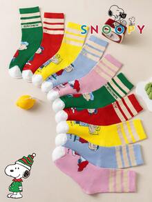 1/5/10雙 Snoopy 條紋小狗圖案彩色趣味女款中筒襪，有趣的聖誕禮物襪 - 彩色 - 查看 2