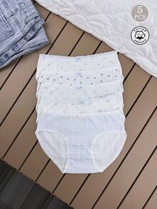 5pcs/Set Japanese Style Cute Blue Plaid & Floral Cotton Thin Women's Triangle Panties - Multicolor - View 3