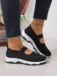 NOBLEARL Women's Mary Jane Knit Slip On Sneakers, Elastic Strap Flat Walking Shoes, Breathable Mesh Lightweight Casual Shoes - Black - View 4