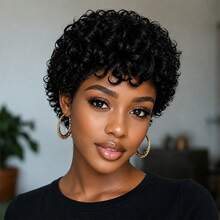 Short Elfin Cut Human Hair Wig For Women Short Afro Curly Wave Human Hair Wig With Bangs Remy Peruvian Human Hair Wig Elastic Net Full Machine Made Black Colored Human Hair Holiday Wear Party Wear Music Festival - Natural Black - View 2