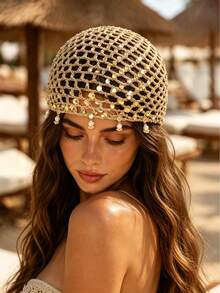 1pc Bohemian Style Sequin Crochet Knit Hat, Vintage Hollow Pendant Headscarf, Multi-Functional Hair Accessory For Vacation/Party/Daily Wear - Multicolor - View 3