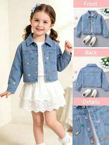 Young Girls Spring Fall Denim Jacket Denim Top Outerwear Heart Embroidery Cropped Button Front Long Sleeve Cute All Season Outdoor Wear - Baby Blue - View 2