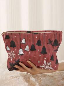 1Pc Double-Sided Christmas Gift Pattern Corduroy Zipper Cosmetic Bag,Toilet Bag,Lined Large Capacity Organizer For Travel,School & Student Daily Use - Multicolor - View 14