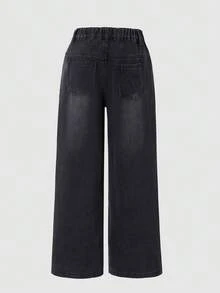 Girls' Casual Straight Leg Denim Jeans With Front Button And Pockets, Everyday Wear - Black - View 3